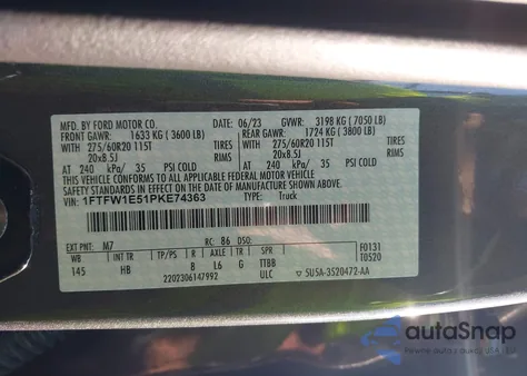 2023 Ford F-150 Lariat z USA, uszkodzony, nr VIN 1FTFW1E51PKE74363